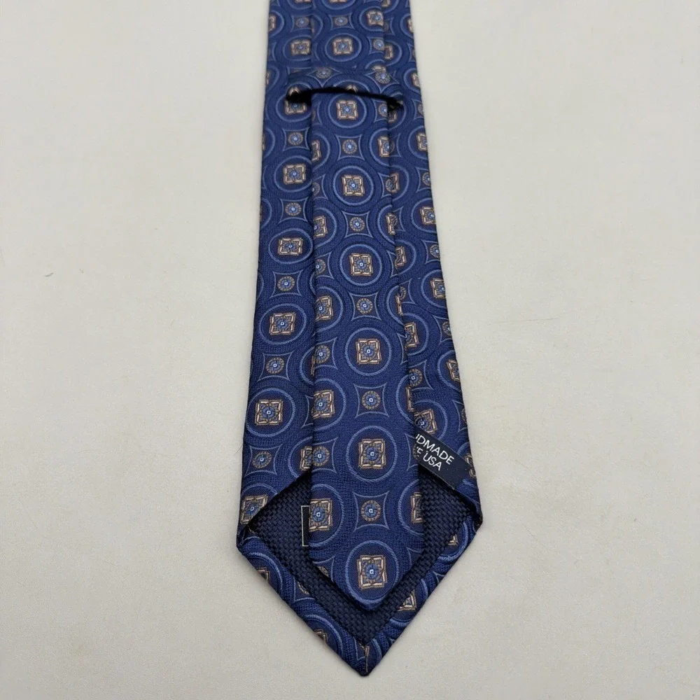 Daniel Cremieux Necktie Blue Beige Geometric Pattern Silk Neck Tie Made In USA